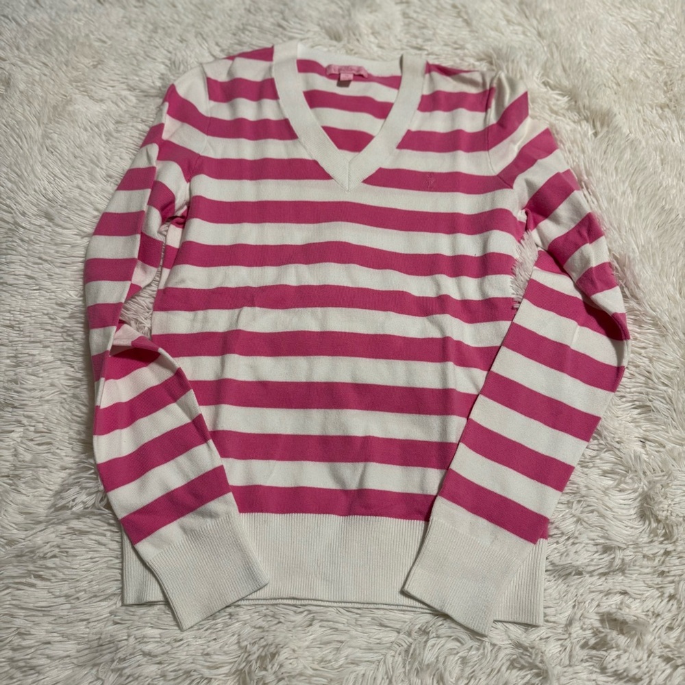 Lilly Pulitzer Pink & White Striped V-Neck Sweater XS